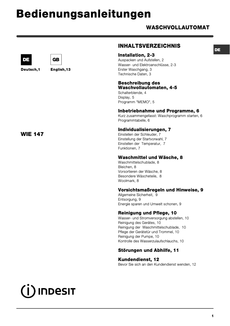 Image de la première page du manuel de l'appareil WIE 147 (DE) (TE)