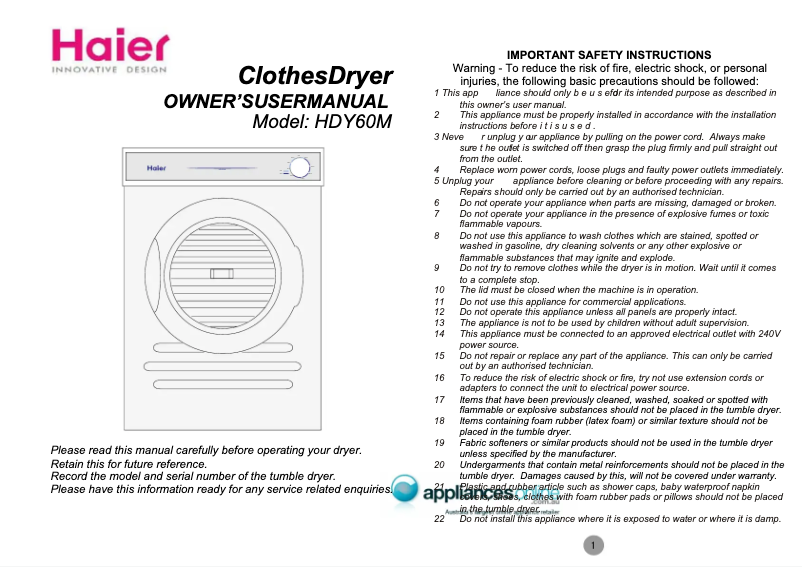 Page 1 de la notice Manuel utilisateur Haier HDY60M