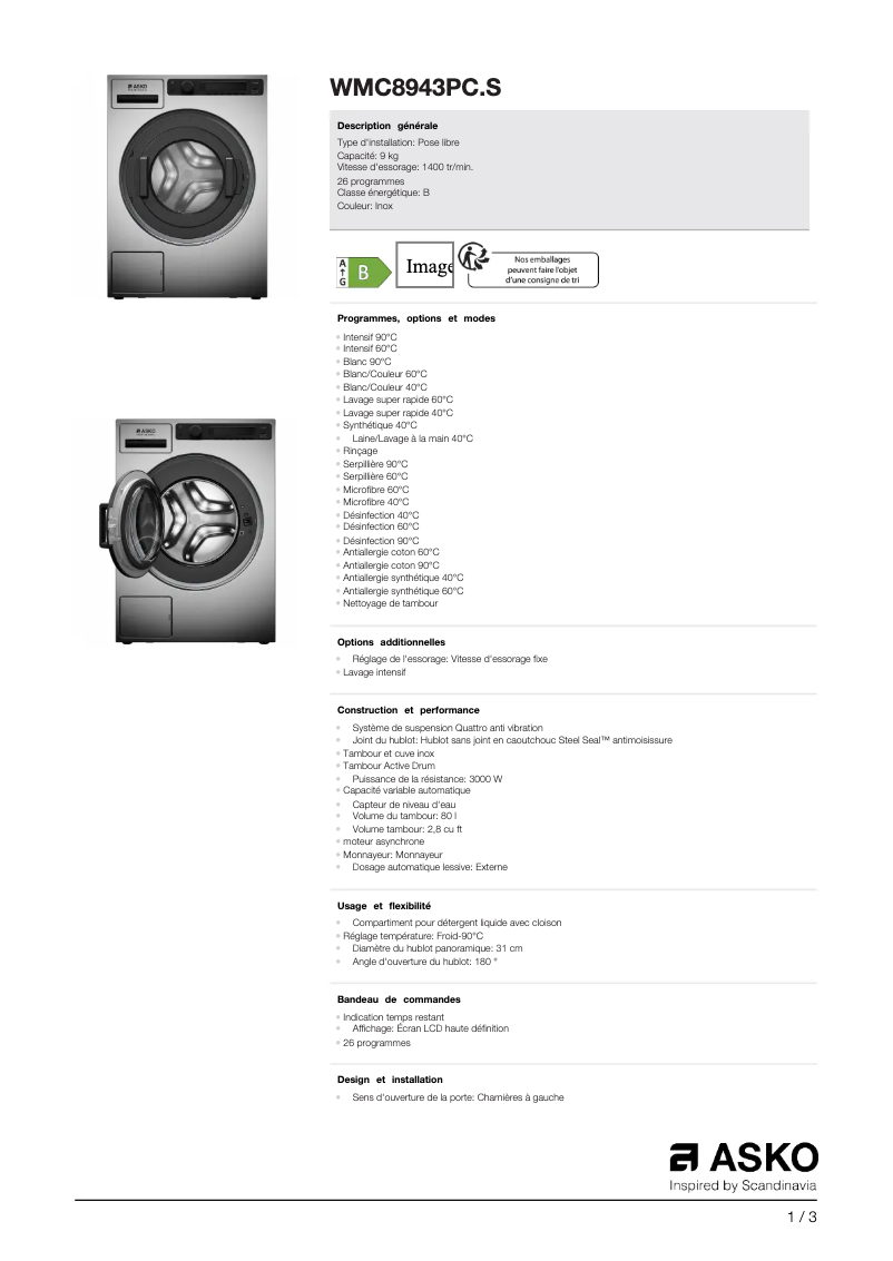 Image de la première page du manuel de l'appareil WMC8943PC.S