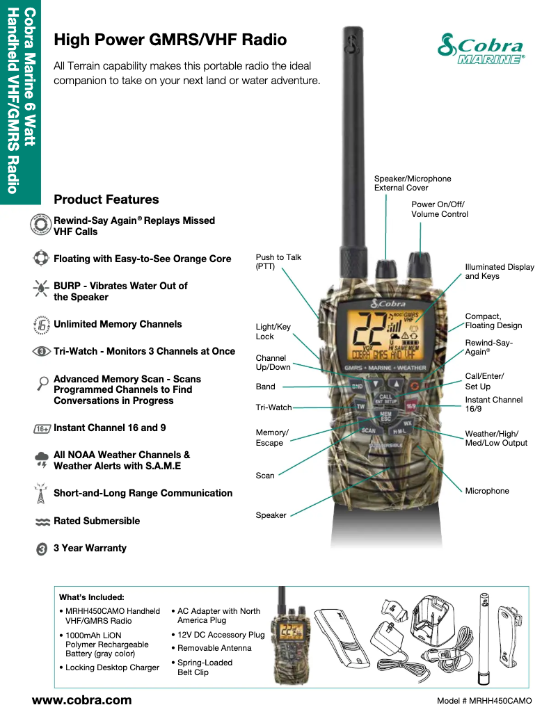 Page 1 de la notice Fiche technique Cobra MR HH450 CAMO