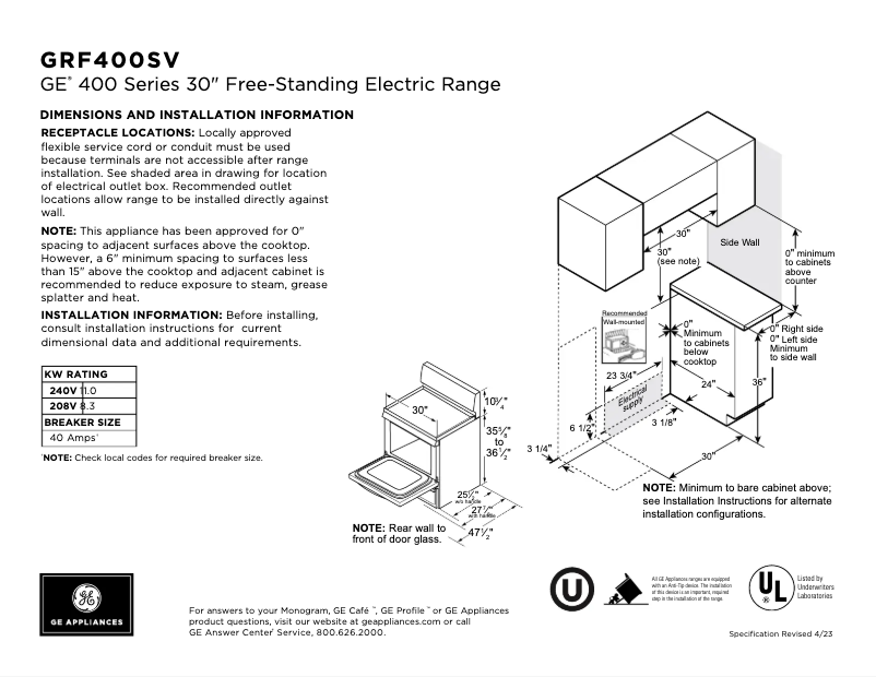 Page 1 of the manual Technical Sheet GE GRF400SVSS