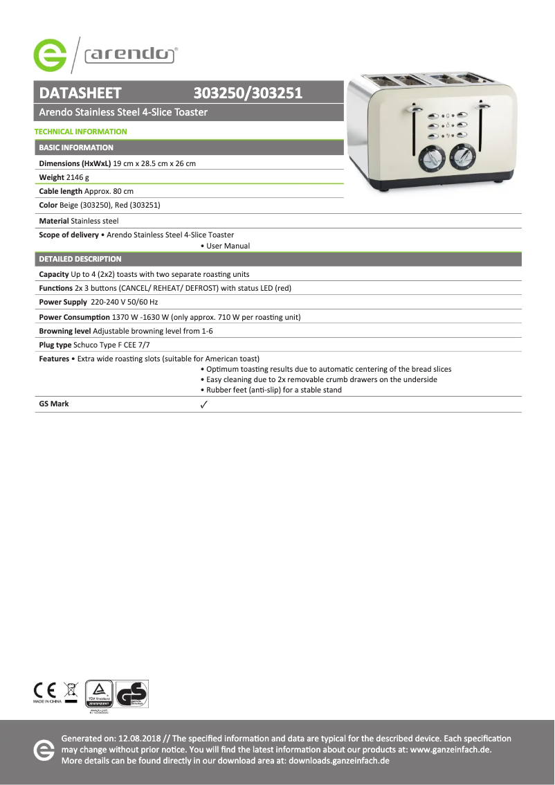 Page 1 de la notice Fiche technique Arendo Breakfast X2 303874