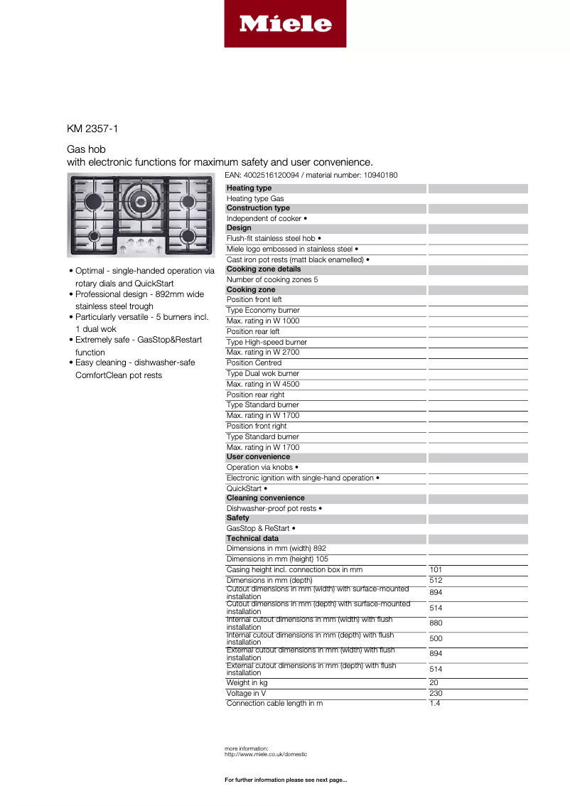 Page n°1 - Fiche technique Miele KM 2357-1