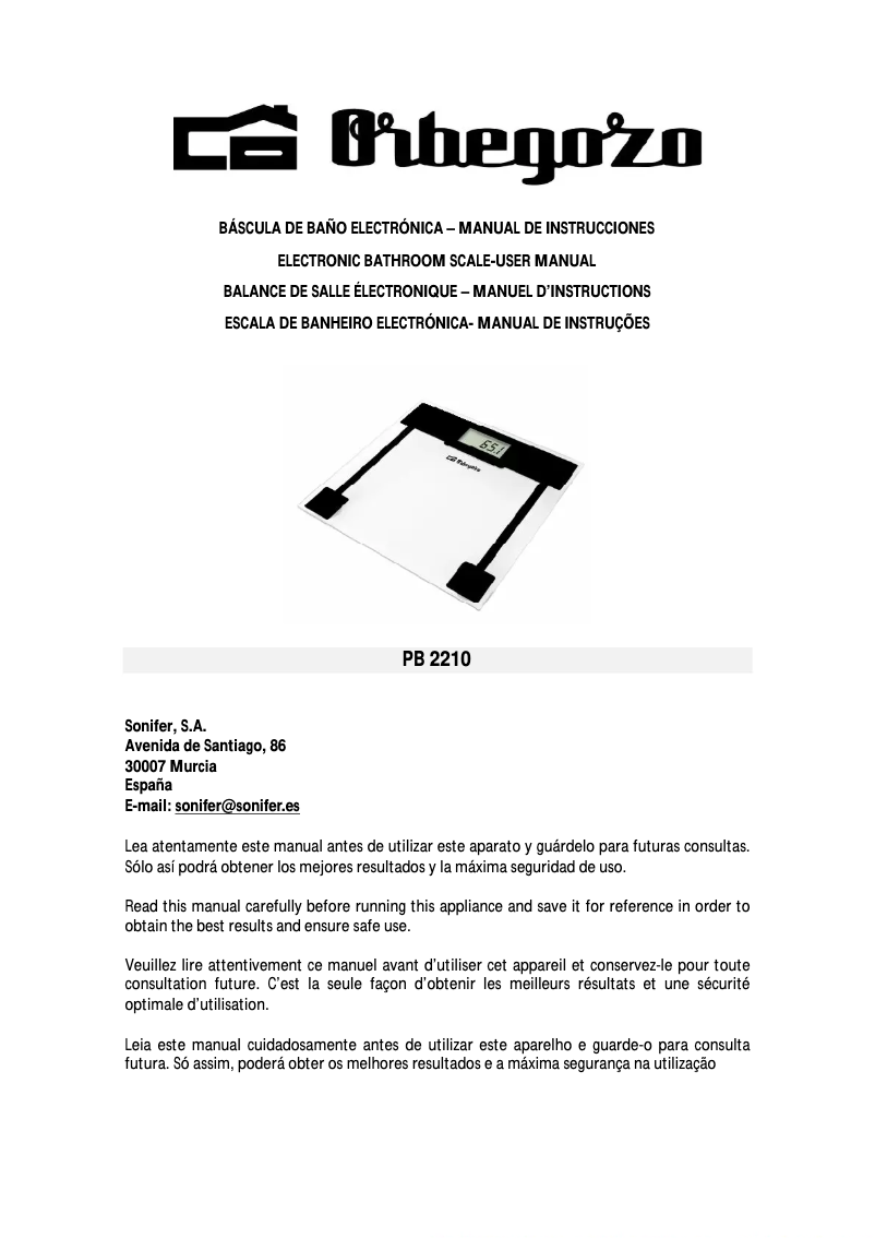 Page n°1 - Manuel utilisateur Orbegozo PB 2210