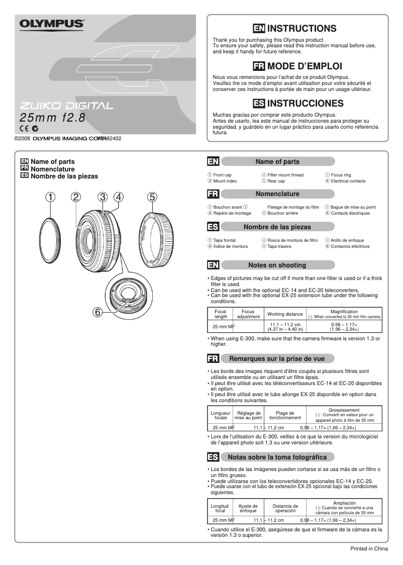 Page 1 de la notice Manuel utilisateur Olympus 25mm F2.8