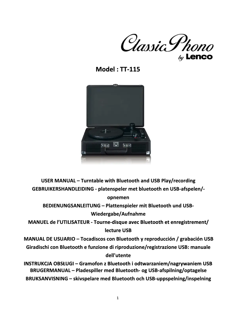 Page n°1 - Manuel utilisateur Lenco Classic Phono TT-115