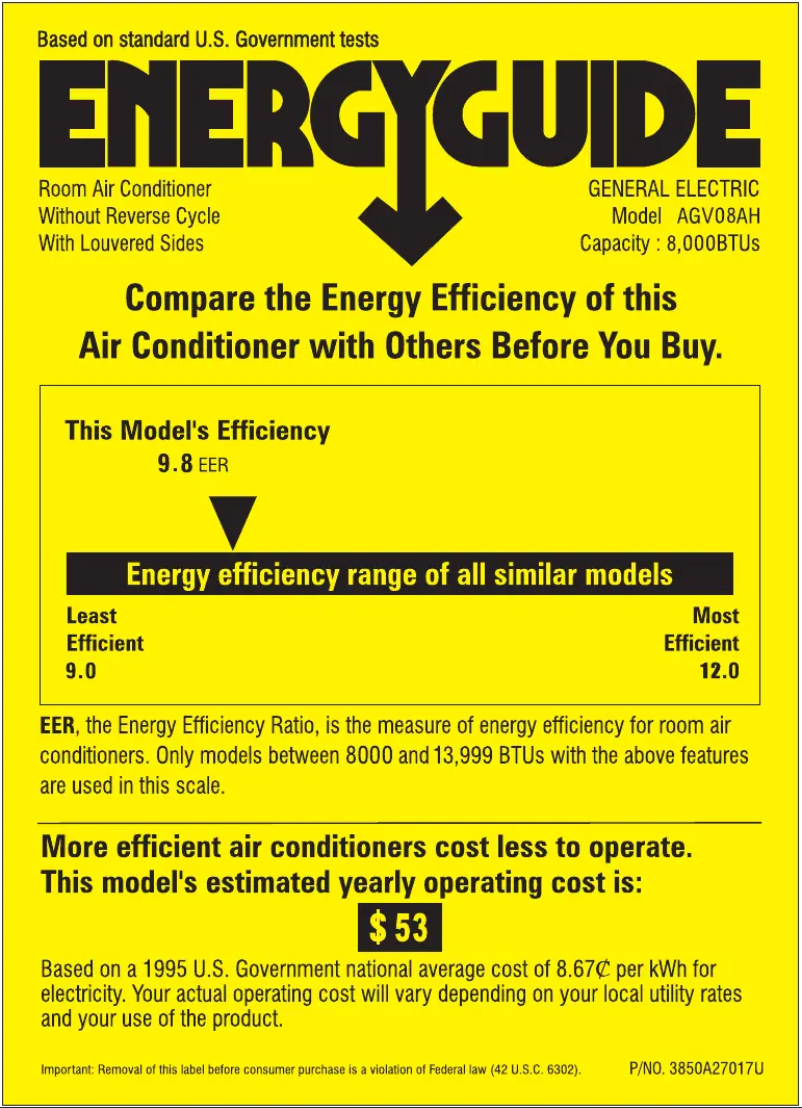 Page 1 de la notice Label énergétique GE AGV08AH