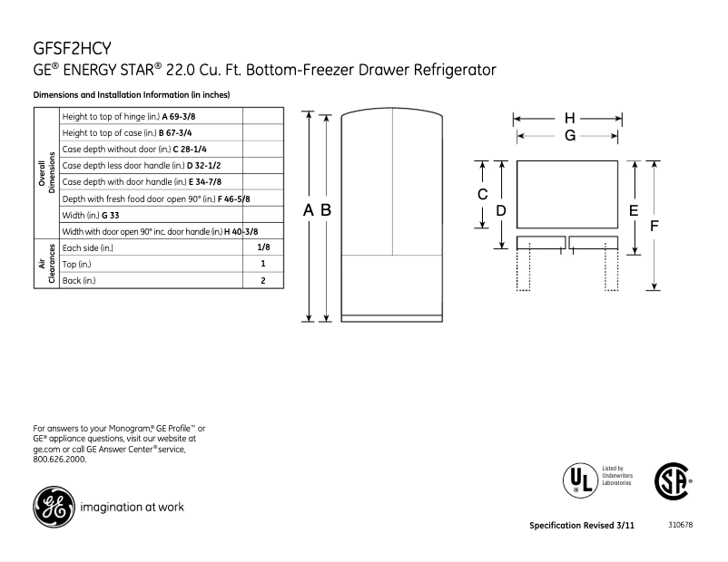 Page 1 de la notice Fiche technique GE GFSF2HCYBB