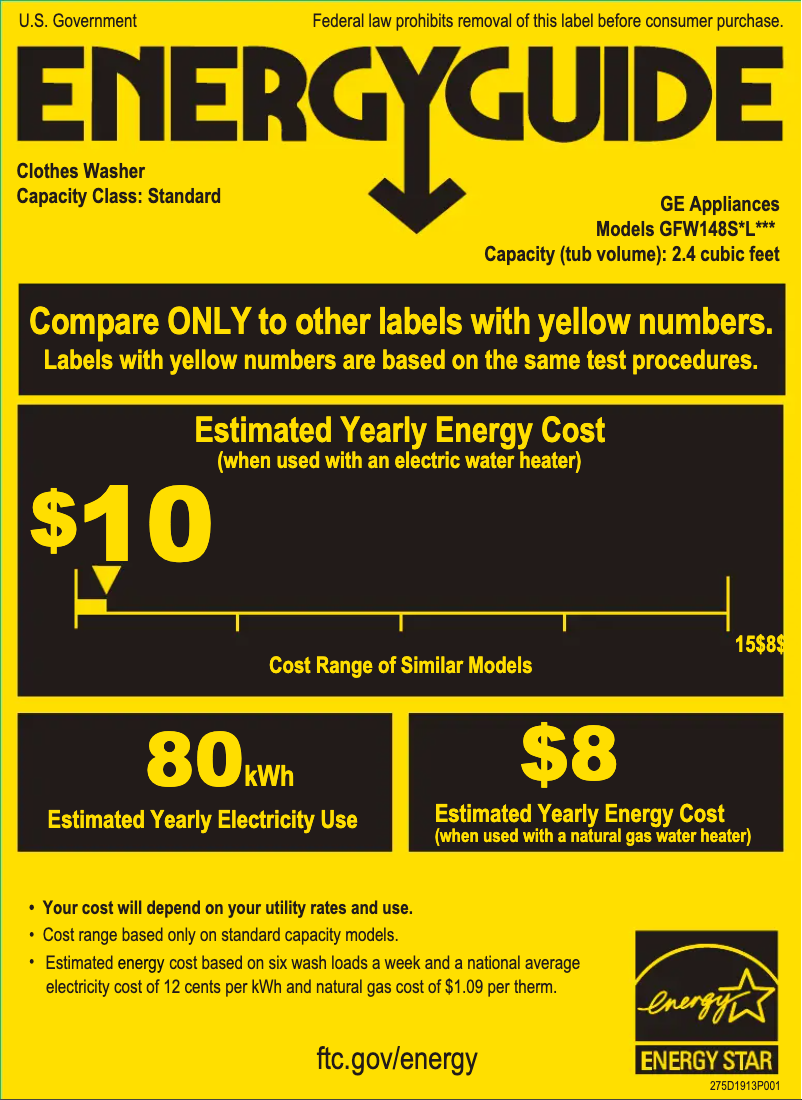 Page 1 de la notice Label énergétique GE GFW148SSLWW