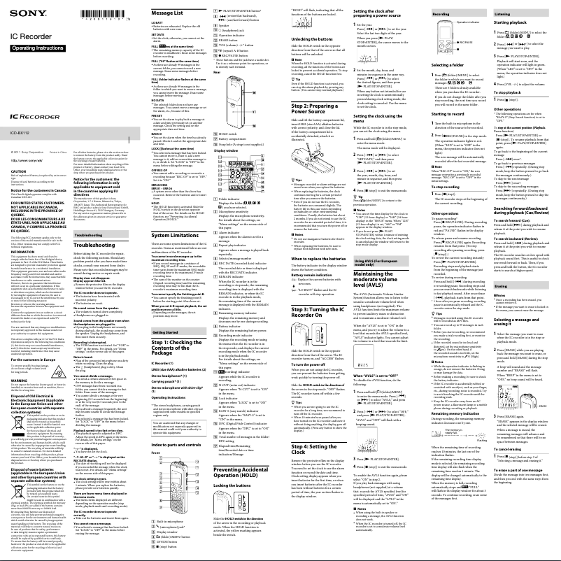 Page 1 de la notice Manuel utilisateur Sony ICD-BX112