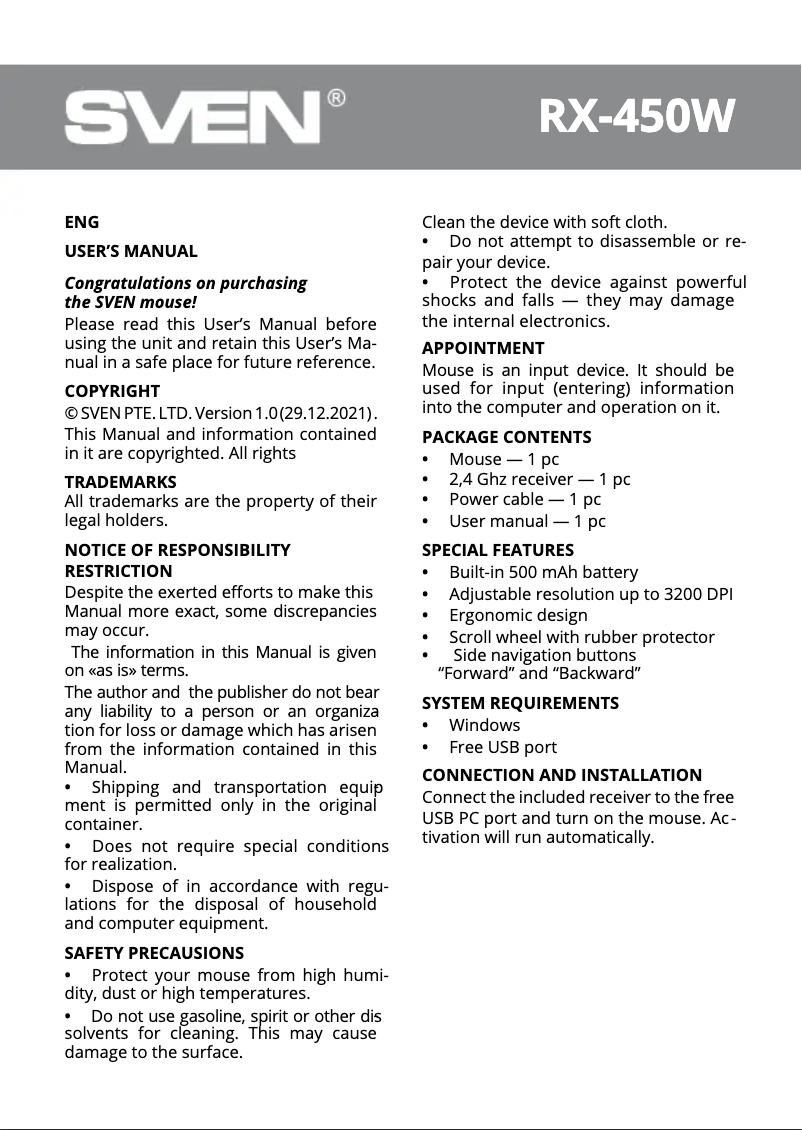 Image de la première page du manuel de l'appareil RX-450W