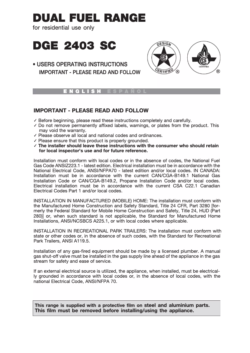 Page 1 de la notice Manuel utilisateur Avanti DGE2403SC