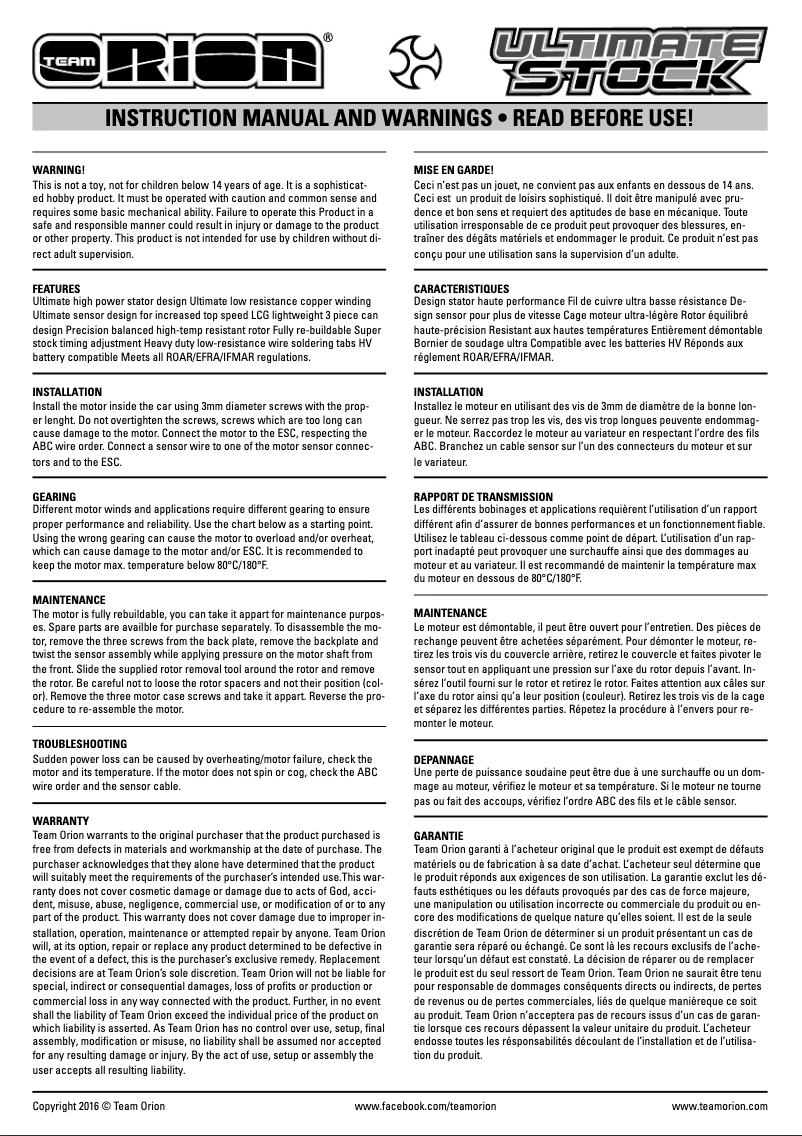 Page n°1 - Manuel utilisateur Team Orion Vortex Ultimate Stock 540 17.5T