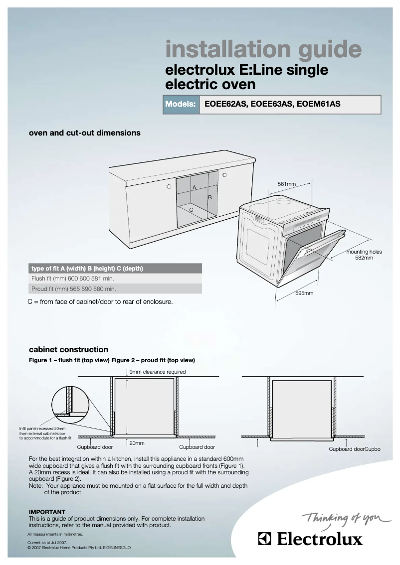 Page 1 de la notice Guide d'installation Electrolux EOEE62AS