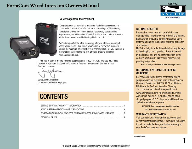 Page n°1 - Manuel utilisateur Anchor Audio COM-40FC/4S