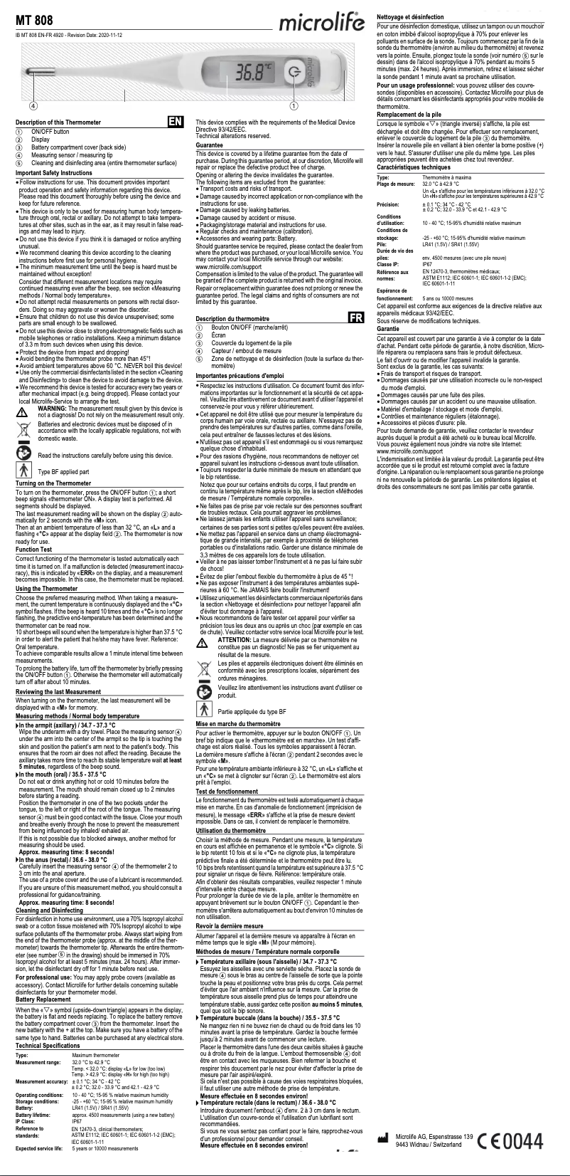 Page 1 de la notice Manuel utilisateur Microlife MT 808