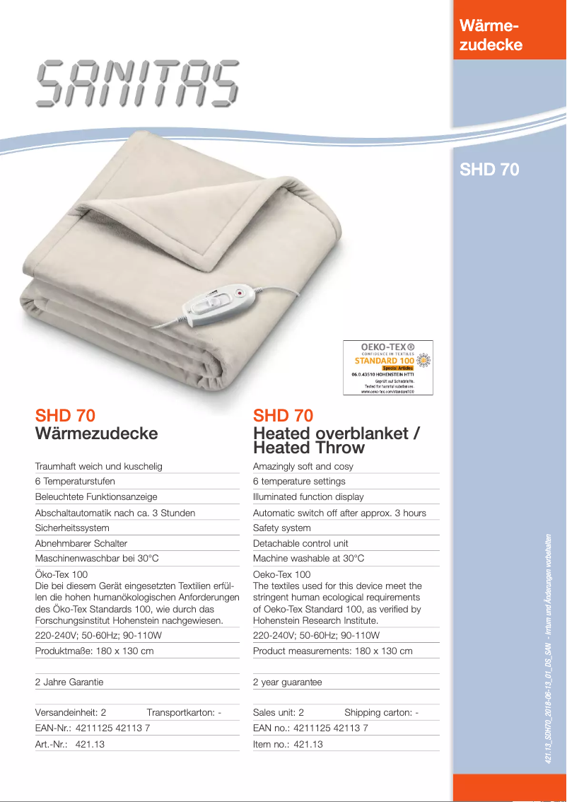 Page 1 de la notice Fiche technique Sanitas SHD 70