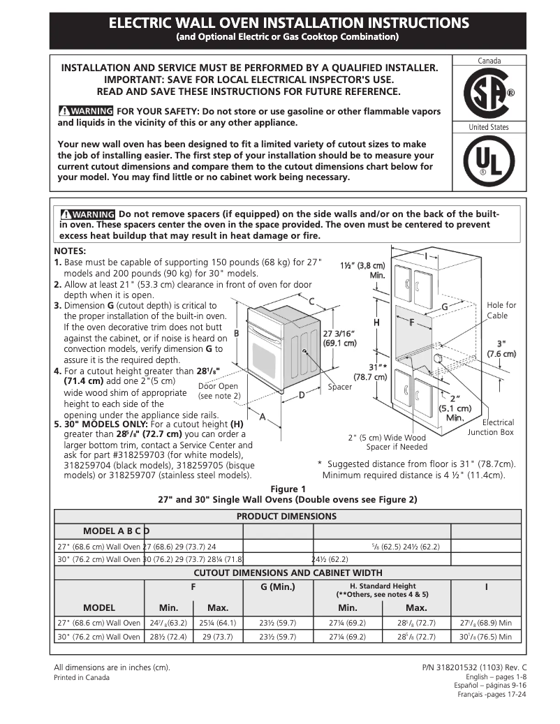 Page 1 de la notice Guide d'installation Frigidaire FGEW3065KW