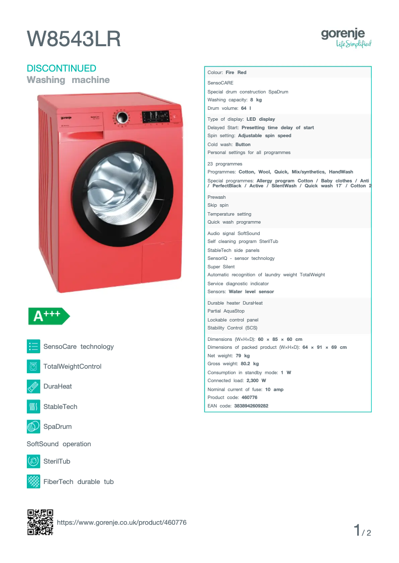 Page n°1 - Fiche technique Gorenje W8543LR