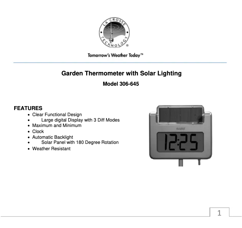 Page n°1 - Manuel utilisateur La Crosse Technology 306-645