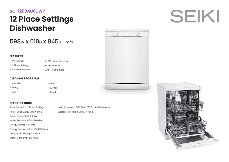 Page 1 de la notice Fiche technique Seiki SC-1200AU6DWP