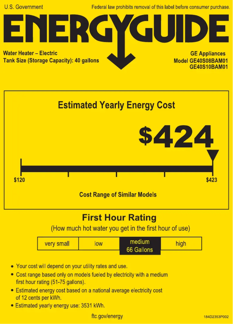 Page 1 de la notice Label énergétique GE GE40S08BAM