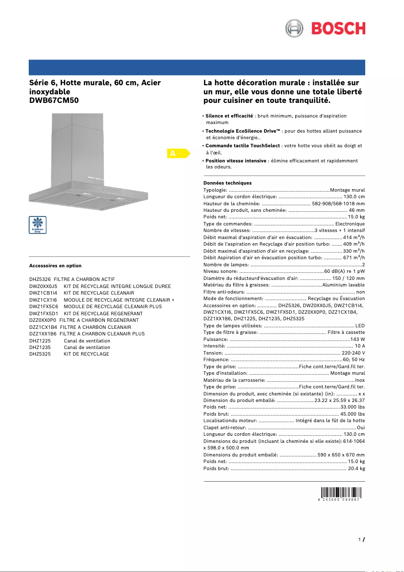 Page 1 of the manual Technical Sheet Bosch DWB67CM50