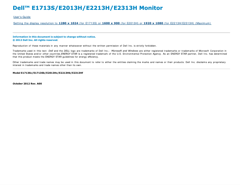 Page 1 de la notice Manuel utilisateur Dell E1713S