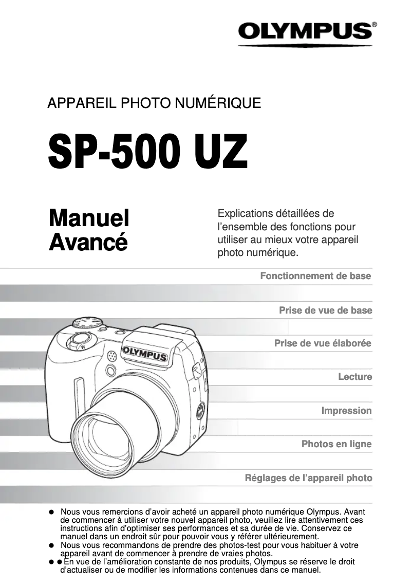 Page 1 de la notice Manuel utilisateur Olympus SP-500UZ