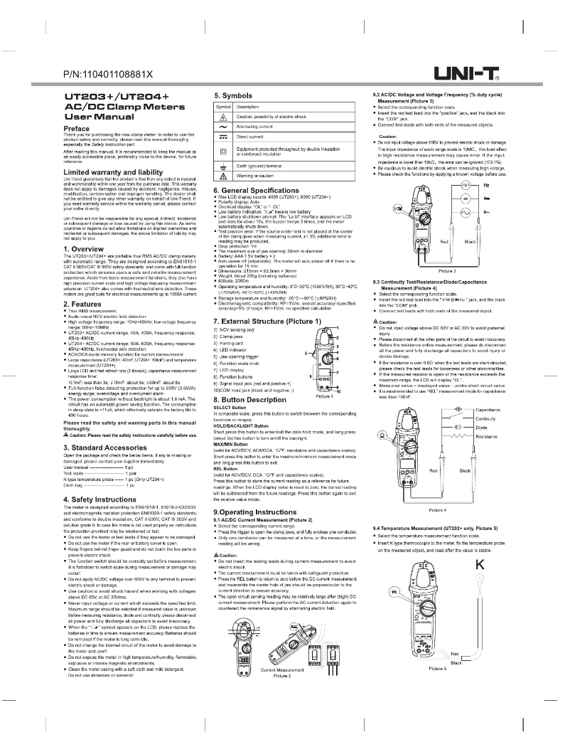 Page 1 de la notice Manuel utilisateur Uni-T UT204+