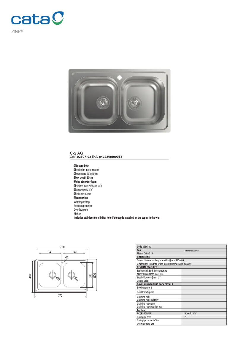 Page 1 de la notice Fiche technique CATA C Glass H