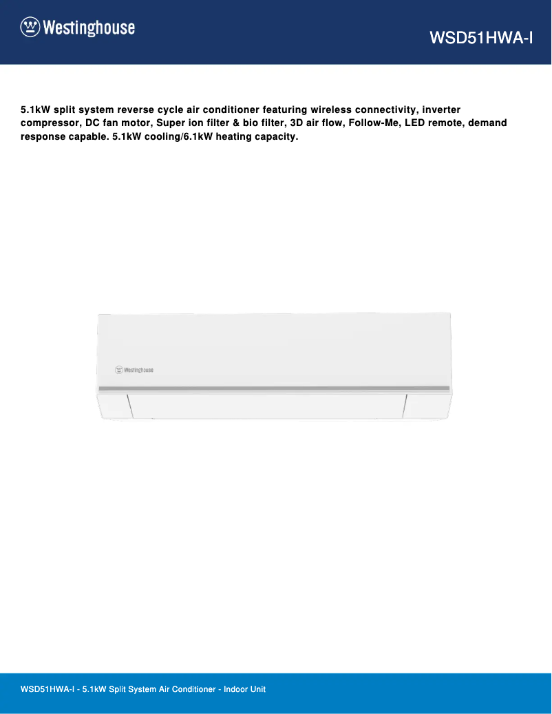 Page 1 de la notice Fiche technique Westinghouse WSD51HWA-I