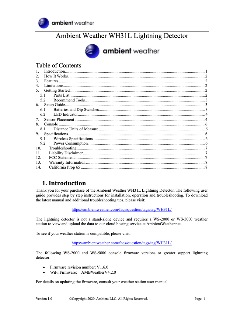 Page 1 de la notice Manuel utilisateur Ambient Weather WH31L