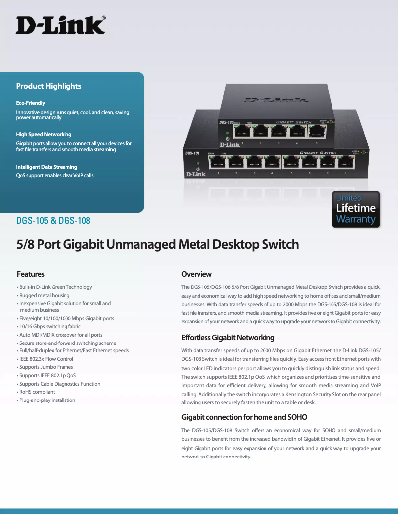 Page 1 de la notice Fiche technique D-Link DGS-105