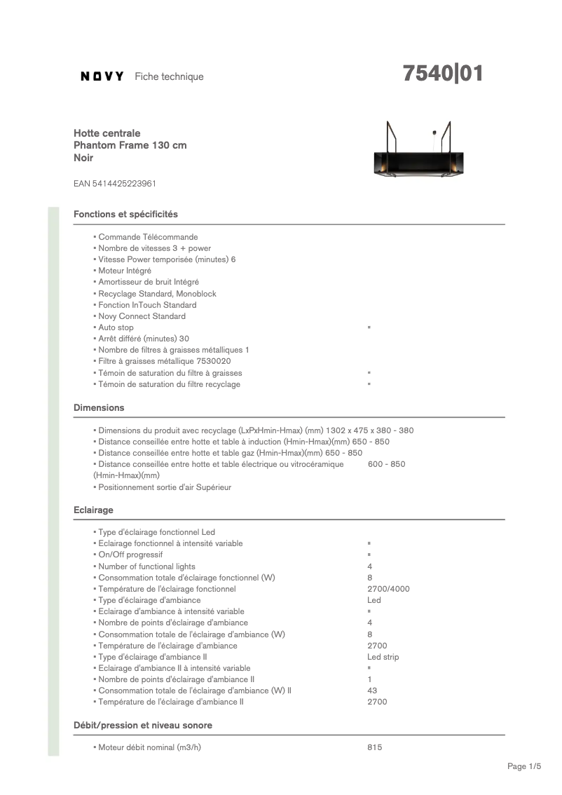 Page 1 de la notice Fiche technique Novy Phantom 7540