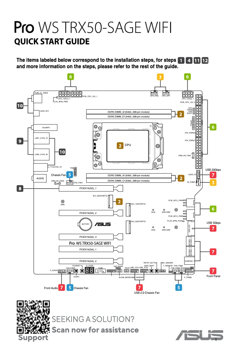 Page 1 de la notice Guide de démarrage rapide Asus Pro WS TRX50-SAGE WIFI