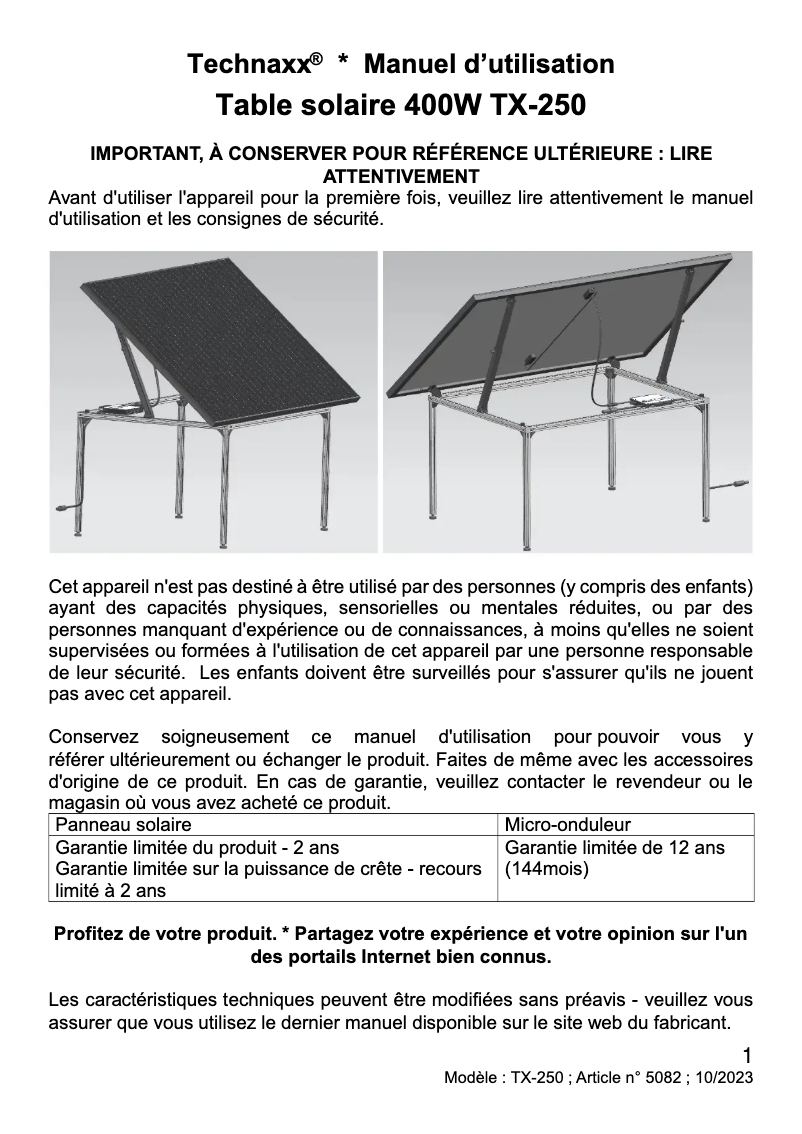 Page 1 de la notice Manuel utilisateur Technaxx TX-250