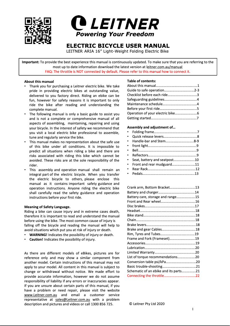 Page 1 de la notice Manuel utilisateur Leitner Aria
