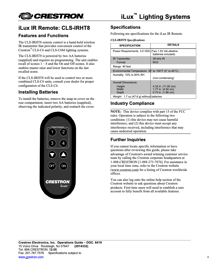 Page 1 de la notice Manuel utilisateur Crestron CLS-IRHT8