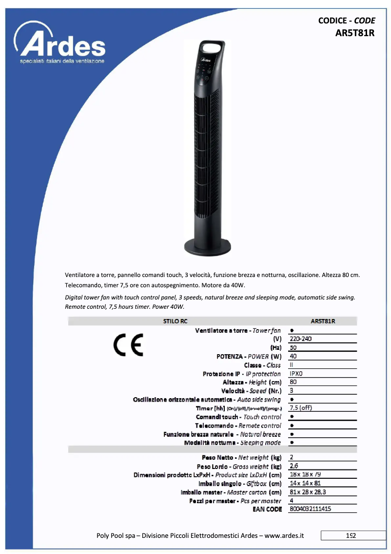 Página 1 del manual Ficha técnica Ardes AR5T81R