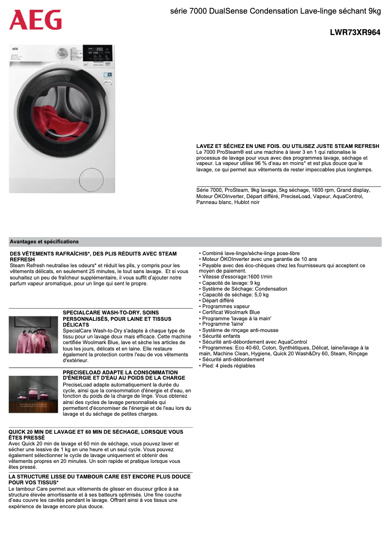 Page 1 de la notice Fiche technique AEG LWR73XR964