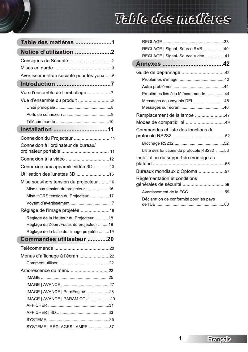 Page 1 de la notice Manuel utilisateur Optoma HD300X