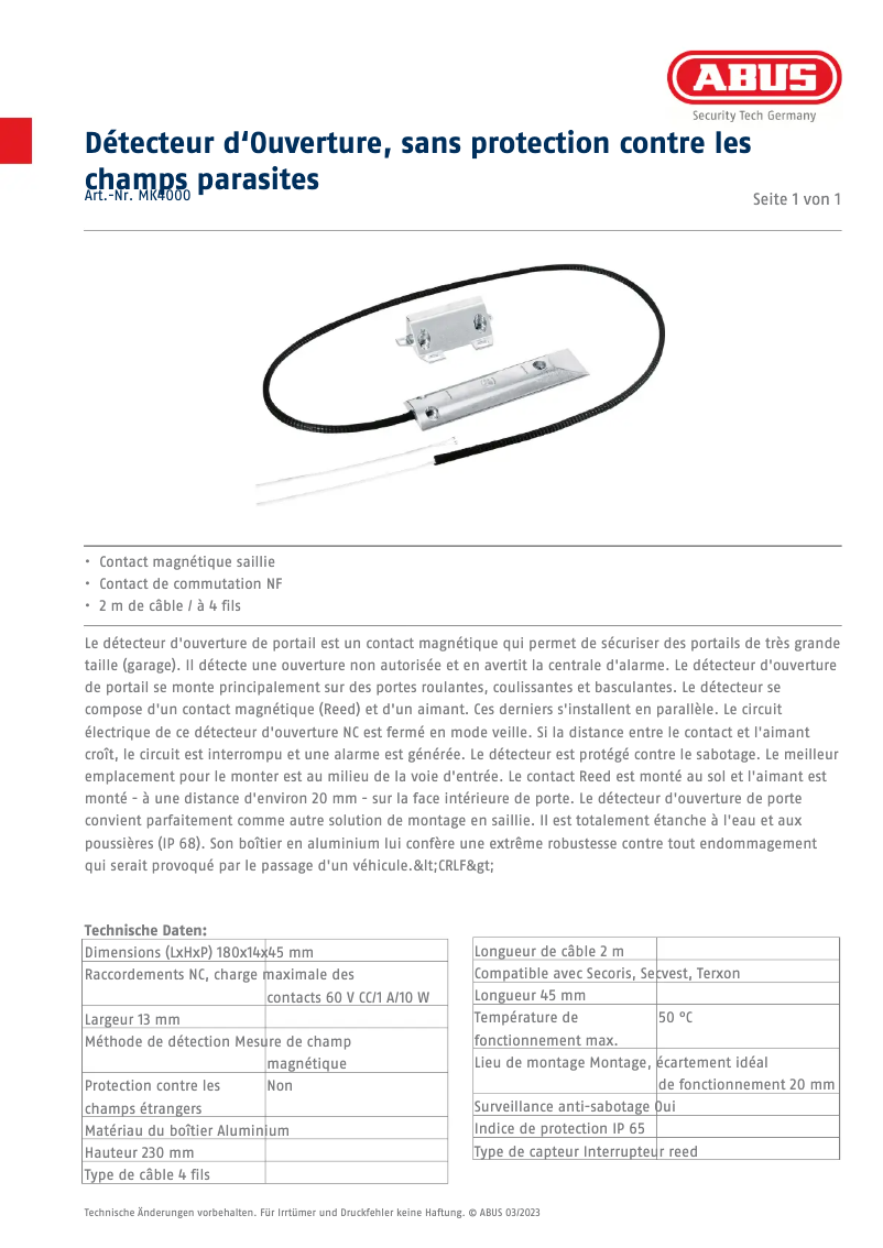 Page 1 de la notice Fiche technique Abus MK4000