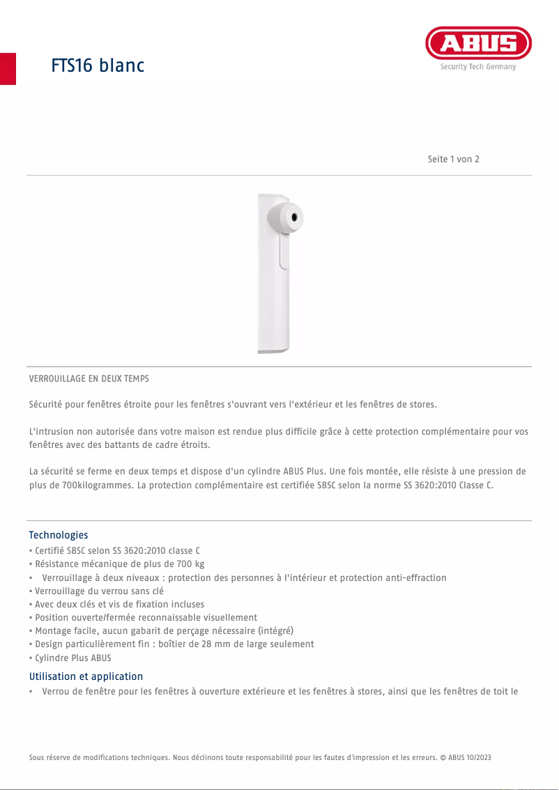 Página 1 del manual Ficha técnica Abus FTS16