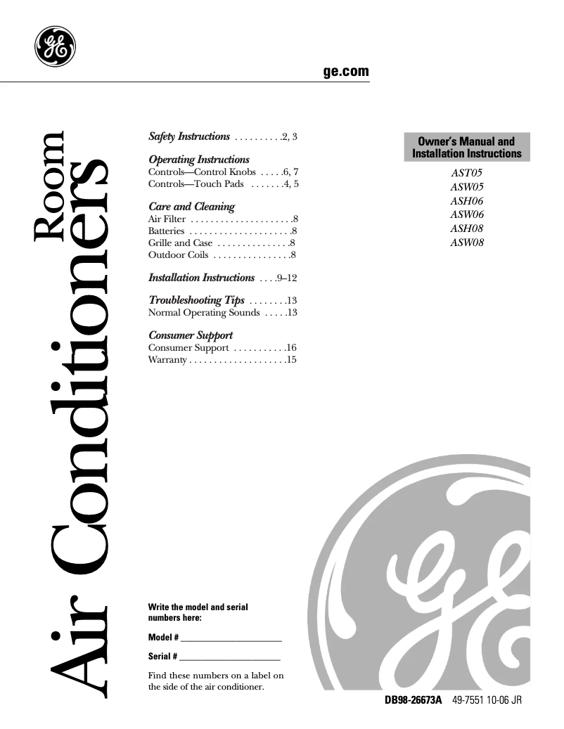 Page n°1 - Guide d'installation GE AGH08AJ