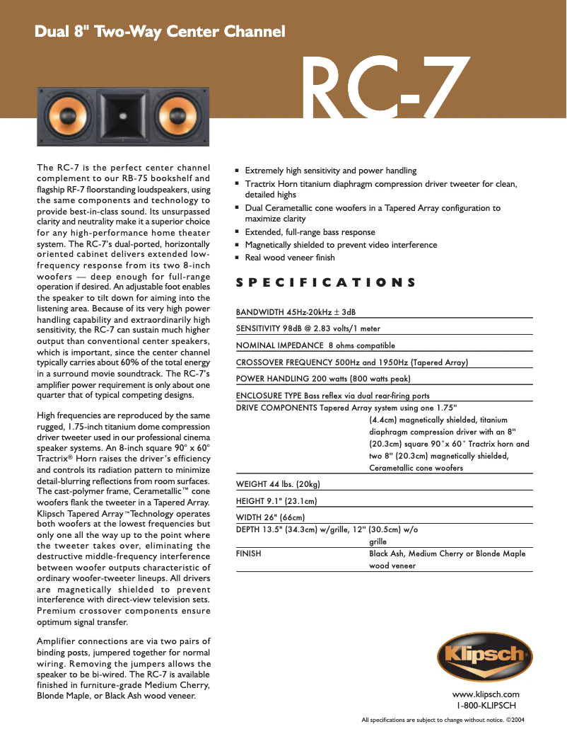 Page n°1 - Fiche technique Klipsch RC-7