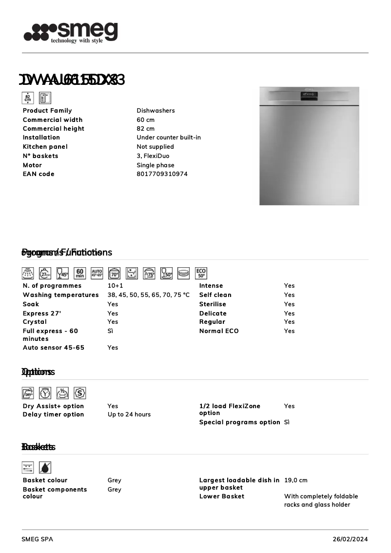 Page 1 de la notice Fiche technique Smeg DWAU615DX3