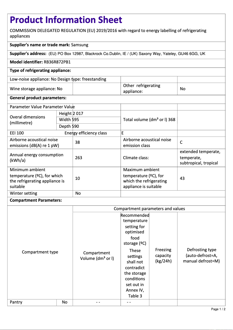 Page 1 de la notice Fiche technique Samsung RB36R872PB1