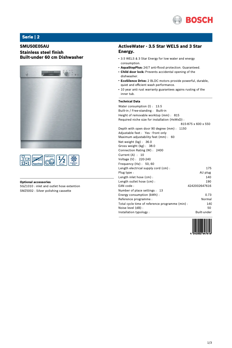 Página 1 del manual Ficha técnica Bosch SMU50E05AU