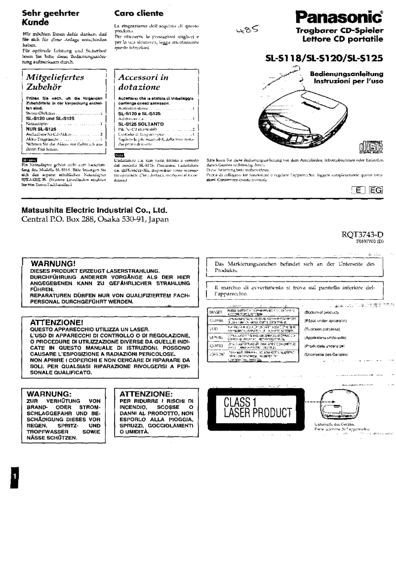 Page 1 de la notice Manuel utilisateur Panasonic SL-S120